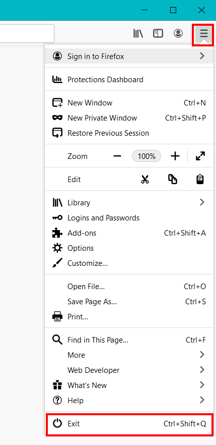 Firefox menu option to exit