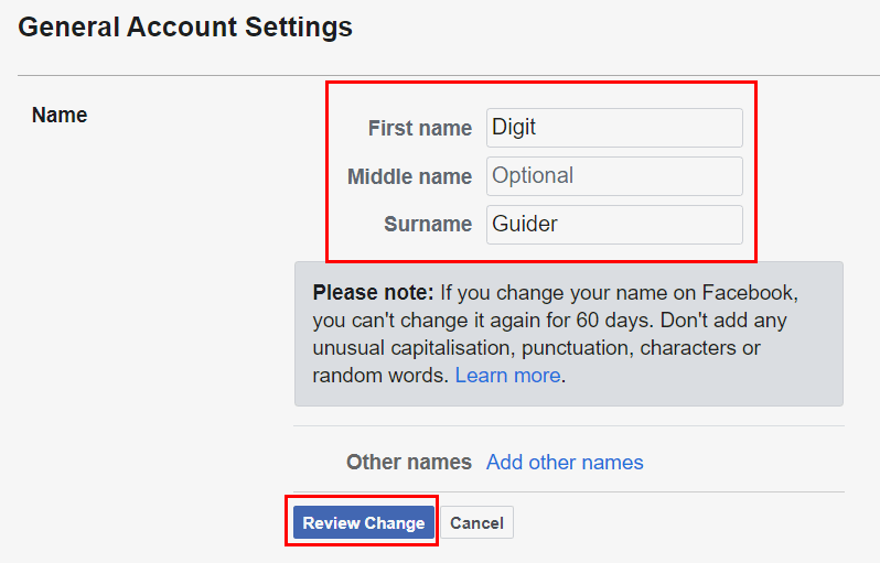 Change your name on facebook account