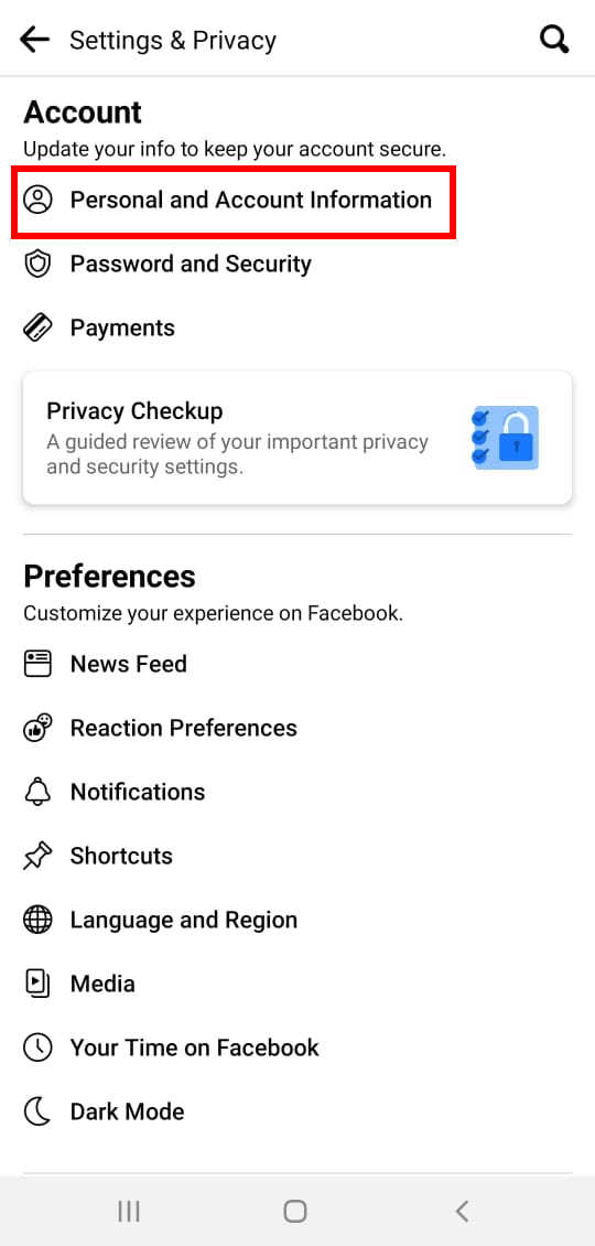 Personal and account information in FB app