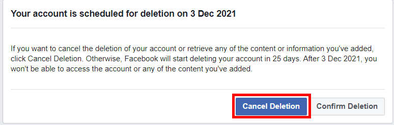 Cancel Facebook account deletion