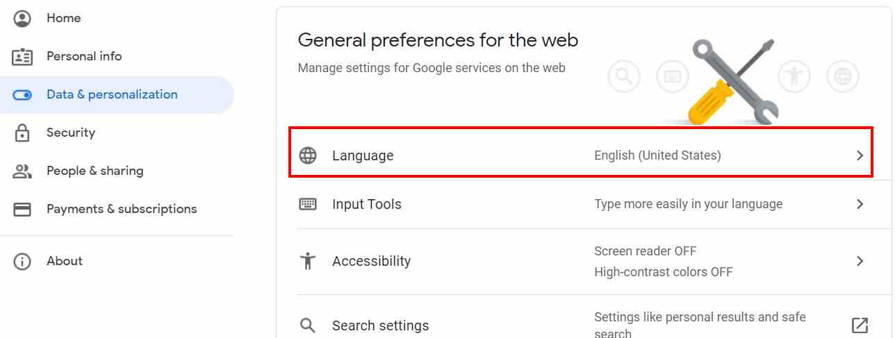 Choose language option under general preferences for the web