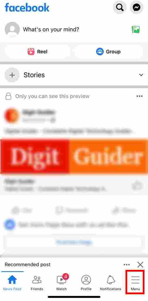 Facebook menu on iPhone App