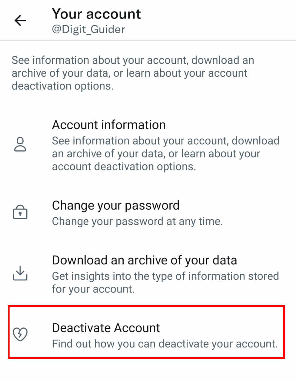 Deactivate Account- Twitter on Android mobile